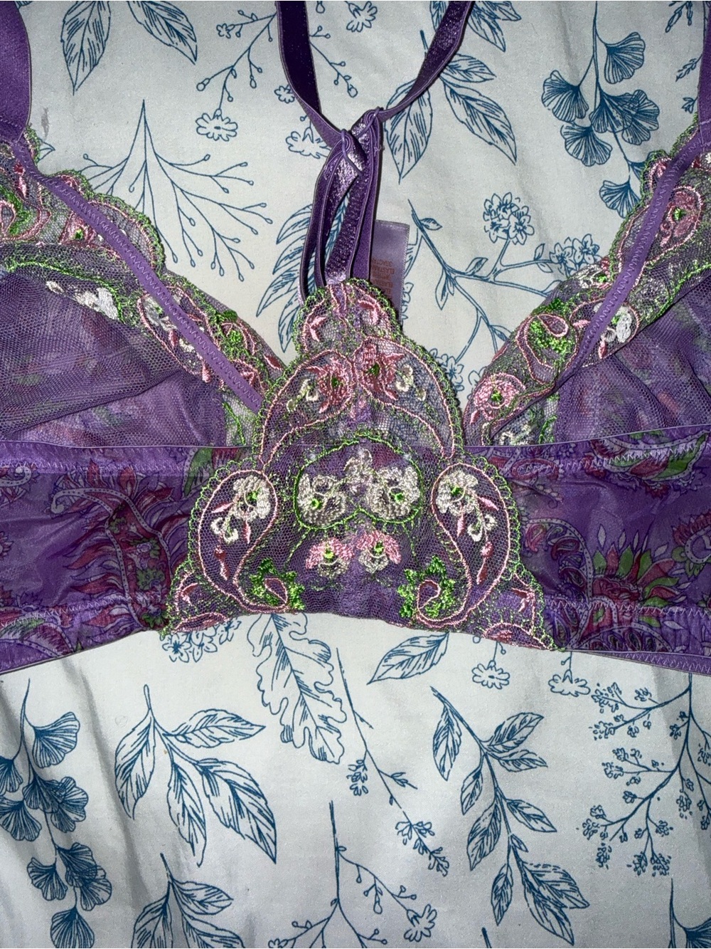 Savage X Fenty Purple Lace Bralette with Pink & Green Embroidery